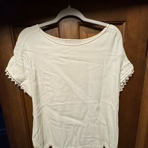 LOFT Cream Short Sleeve Top with Pom-Pom Detail